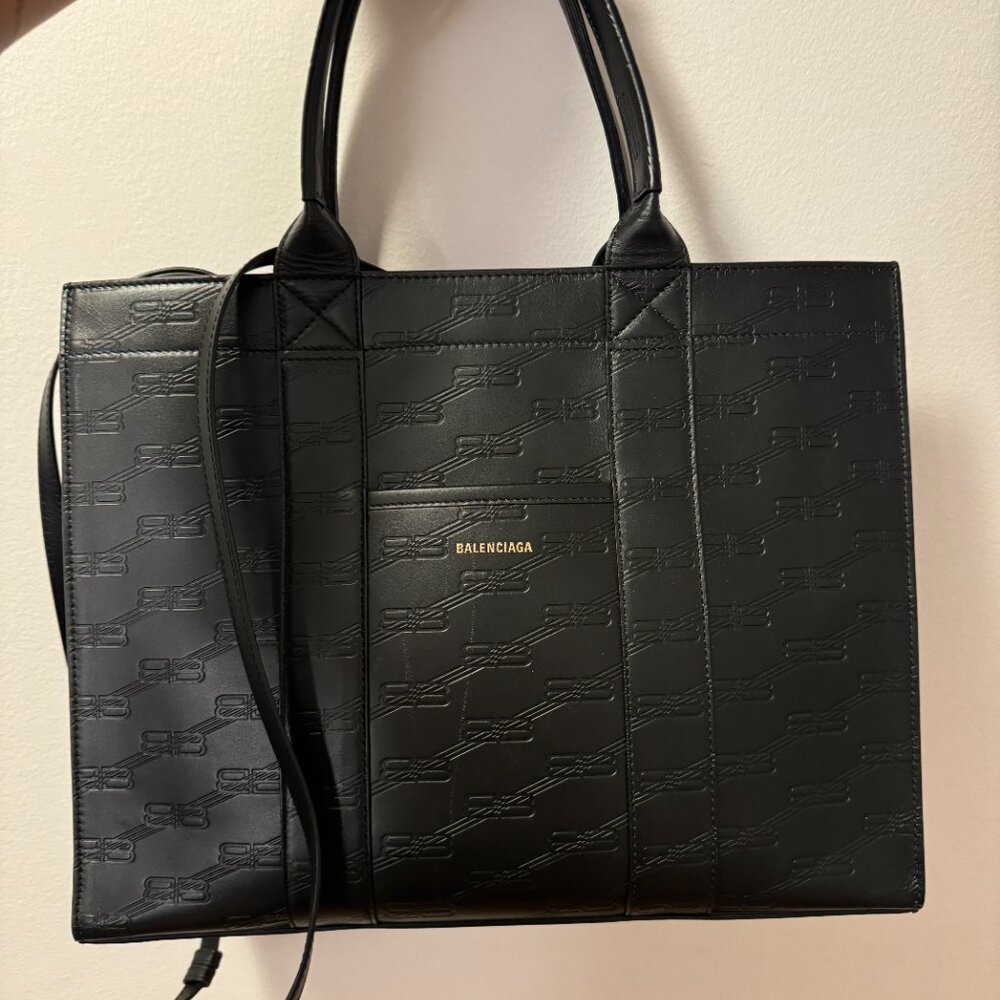 Balenciaga BB Leather Tote Bag Shoulder Bag Monogram Black | Fits laptop